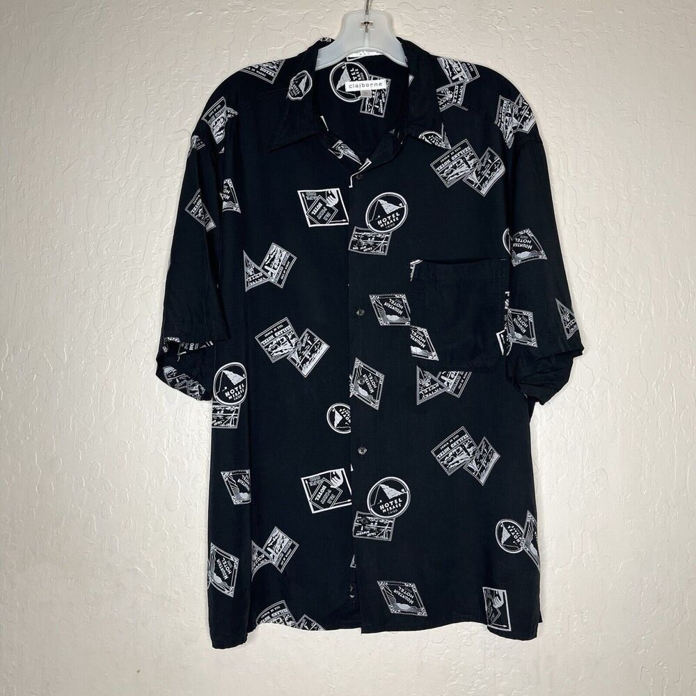 Vintage Claiborne Black White Hotel Print Hawaiian Shirt Mens Size XL